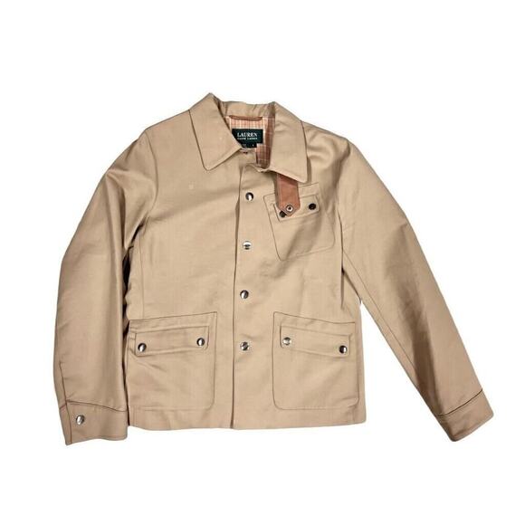 LRL Ralph Lauren Green Label Snap Jacket Leather Trim NWOT Women L 14 Tan